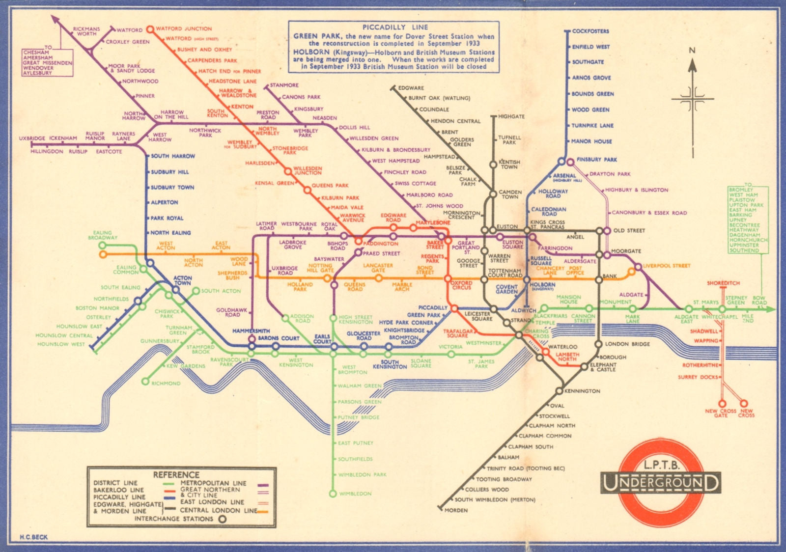 LONDON UNDERGROUND tube map plan diagram. 2nd HARRY BECK edition. August 1933